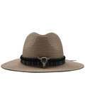 Cappello di paglia stile western con fascia etnica e decorazione a testa di toro - M (56-58cm) / Rosa
