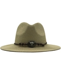Western straw cowboy hat with vintage bull skull leather band for beach sun protection - M(56-58cm) / Beige