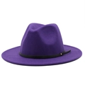 Elegant purple wool fedora hat with wide brim and black leather buckle band - M(56-58cm) / Purple