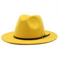 Macro detail of vibrant yellow wool fedora hat with black leather band and gold stud - M(56-58cm) / Yellow