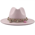 Light pink wool fedora hat with bohemian style woven band and shell tassel details - Pink
