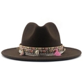 Dark brown wide brim wool fedora hat with ethnic shell and tassel bohemian band - Coffee