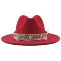 Close-up of a red wool fedora featuring an ethnic braided band with shells and tassels - M (56-58cm) / Red