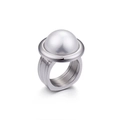Exaggerated silver stainless steel ring featuring a large white round pearl inlay - US 7 / White Shell