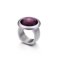 Modern wide band stainless steel ring featuring a large round purple faceted gemstone center - US 7 / Purple