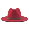 Detail of red wool felt fedora featuring a brown snakeskin texture decorative belt band - Red