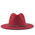 Classic red wide brim wool fedora with woven band and green bead accents - M (56-58cm) / Red