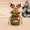Christmas reindeer drawstring gift bag in green burlap with 3D plush reindeer decor - Solid Color Reindeer