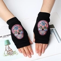 Close-up of black fingerless knit gloves with colorful sugar skull embroidery detail - One Size / Pink Blue Embroidery
