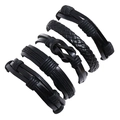Set of five black multi-layer braided leather bracelets for men on a white background - Five-Piece Set