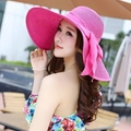 Women's rose pink wide brim straw sun hat with large bow for beach vacation - M (56-58cm) / Rose Red