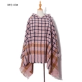 Pink checkered hooded poncho wrap with fringe details in textured boucle yarn - DP2-03# Pink Plaid
