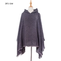 Deep grey-purple knit hooded poncho with long fringe trim in casual winter style - DP3-04# Grey Heather
