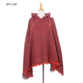 Women's plaid hooded poncho with fringe in a deep burgundy wine red woven knit fabric - DP3-03# Red Heather