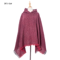 Women's burgundy plaid hooded poncho cape featuring elegant fringe hem in loose fit style - DP3-06# Wine Red Heather