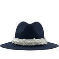 Navy blue straw sun hat with elegant white pearl decorative band for summer - M (56-58cm) / Navy Blue