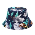 Double-sided navy fisherman hat with white flower and bird print for outdoor travel - M (56-58cm) / Navy Blue Floral Bird