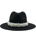 Cappello di paglia nero con fascia di perle per protezione solare estiva e stile da spiaggia - M (56-58cm) / Nero