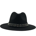 Sombrero fedora de paja negra de ala ancha para mujer con perlas y diamantes imitación - M(56-58cm) / Negro