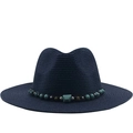 Navy blue fedora straw hat for women with ethnic turquoise beaded band and wide brim - M (56-58cm) / Navy Blue