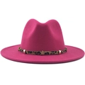 Detail of rose red fedora hat featuring leopard print band and metal star studs - Rose Red