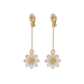 Elegant white daisy clip-on earrings with yellow center and sparkling crystal accents - E2794-8 Rhinestone Long Drop Daisy Earrings (Triangle Clip-on)
