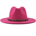 Magenta wool fedora hat with brown leather rivet band and wide brim for women - M (56-58cm) / Rose Red