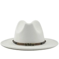 White wool fedora hat with a vintage brown decorative band featuring ethnic details - M (56-58cm) / White