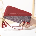 Long patchwork zip wallet in dark red leather and purple sequins with tassel charm - Red