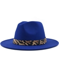 Cappello fedora in lana blu reale con fascia leopardata e rivetto dorato stile vintage - M (56-58cm) / Blu