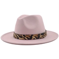 Detailed macro view of pink wool fedora featuring leopard print band and golden metal rivet - M (56-58cm) / Pink