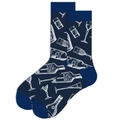 Detail of navy blue crew socks with white wine glass and beer bottle pattern graphics - Size 38-45 / Graffiti Wine Glass