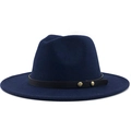 Detailed view of the navy wool fedora hat featuring a black leather band with gold rivets - Navy Blue