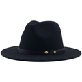 Detailed view of black wool fedora featuring dark brown leather strap with gold studs - Black