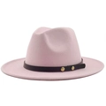 Detail of pink wool fedora hat featuring a dark leather band and gold rivet accents - Pink