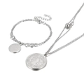 Set collana e bracciale a doppio strato in acciaio argentato con ciondoli a rilievo - Stile Argentato (KS133372-Z)