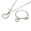 Silver stainless steel paperclip chain jewelry set with heart charm and pearl detail - Steel Color Set (KS135417-Z)