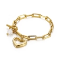 Gold thick chain bracelet with hollow heart charm, white pearl and OT toggle clasp - Gold Bracelet (KB138407-Z)