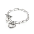 Silver stainless steel paperclip chain bracelet with heart charm and pearl bead - Steel Color Bracelet (KB138408-Z)