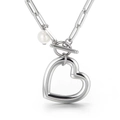 Silver stainless steel paperclip chain necklace with heart pendant and pearl detail - Steel Color Necklace (KN113614-Z)