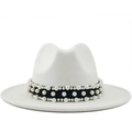 Elegant white wool fedora hat with flat wide brim and decorative black pearl band - White