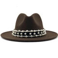 Detailed view of the dark brown wide brim fedora with elegant triple pearl decorative band - Coffee