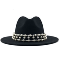 Close-up of luxury black wool fedora featuring three rows of elegant pearl band decoration - Black