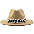 Light khaki wool fedora hat with elegant wide brim and triple-row pearl ribbon band - Camel