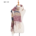 Women's plaid tassel scarf in beige, burgundy and blue color block knit - Basic Red Plaid