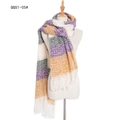 Striped knit scarf with fringe in cream, purple and mustard yellow on mannequin - Basic Yellow Plaid