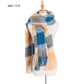 Blue and orange plaid scarf with fringe on white mannequin for winter warmth - Blue and Yellow Check