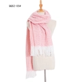 Pink and white plaid knit scarf with long white tassels shown on a torso mannequin - Mottled Pink