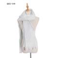 Pale grey-green knit scarf with plush texture and long decorative fringes on soft display - Mottled Light Blue