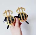Funny black party sunglasses with large glittery gold dollar sign charms on top - Dollar Sign
